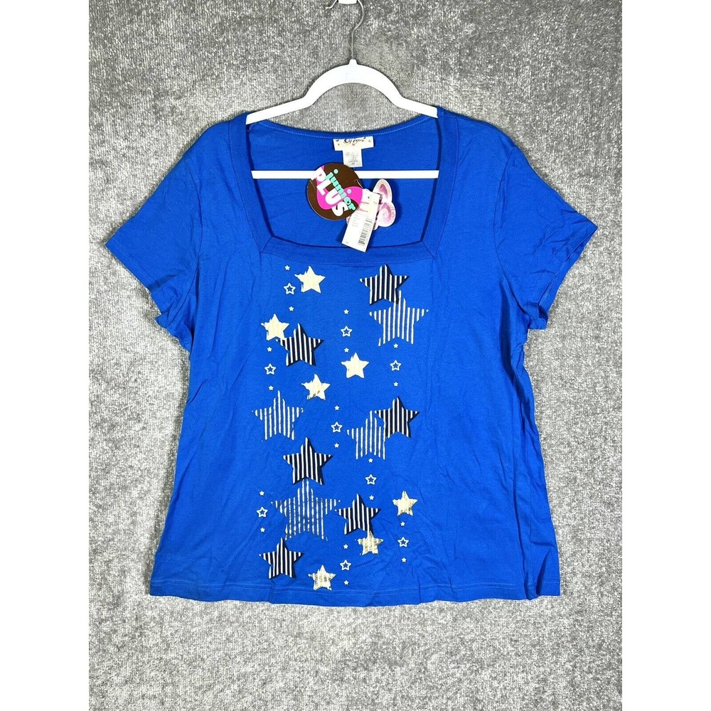Self Esteem Juniors Plus Size 2X Top Blue Square Neck Metallic Star Short Sleeve